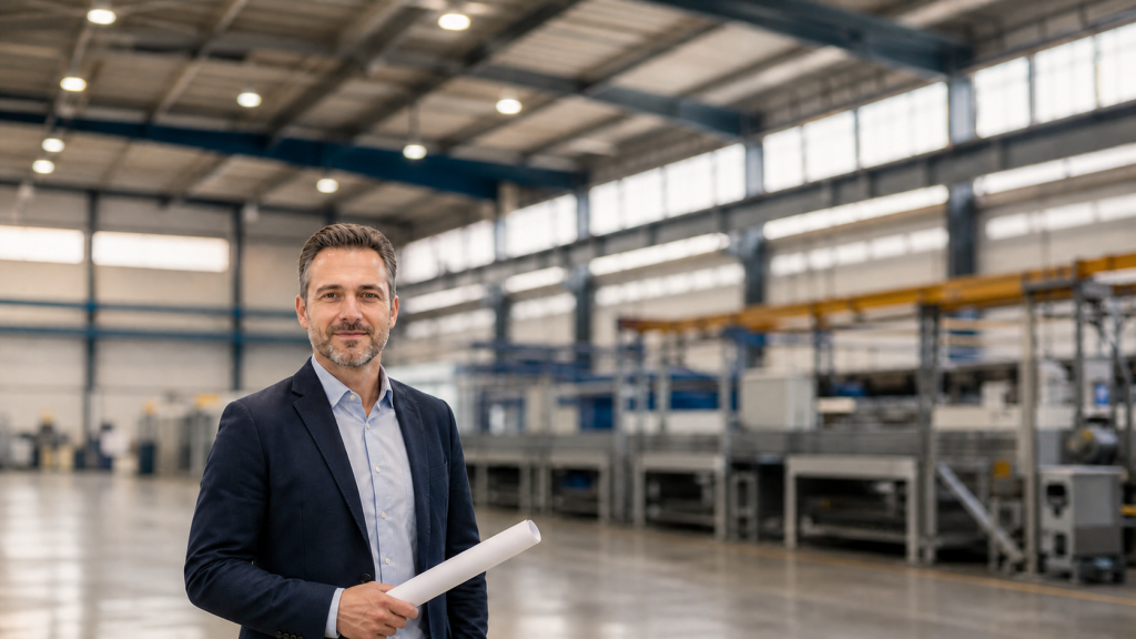 Businessporträt eines Ingenieurs in einer modernen Industriehalle.