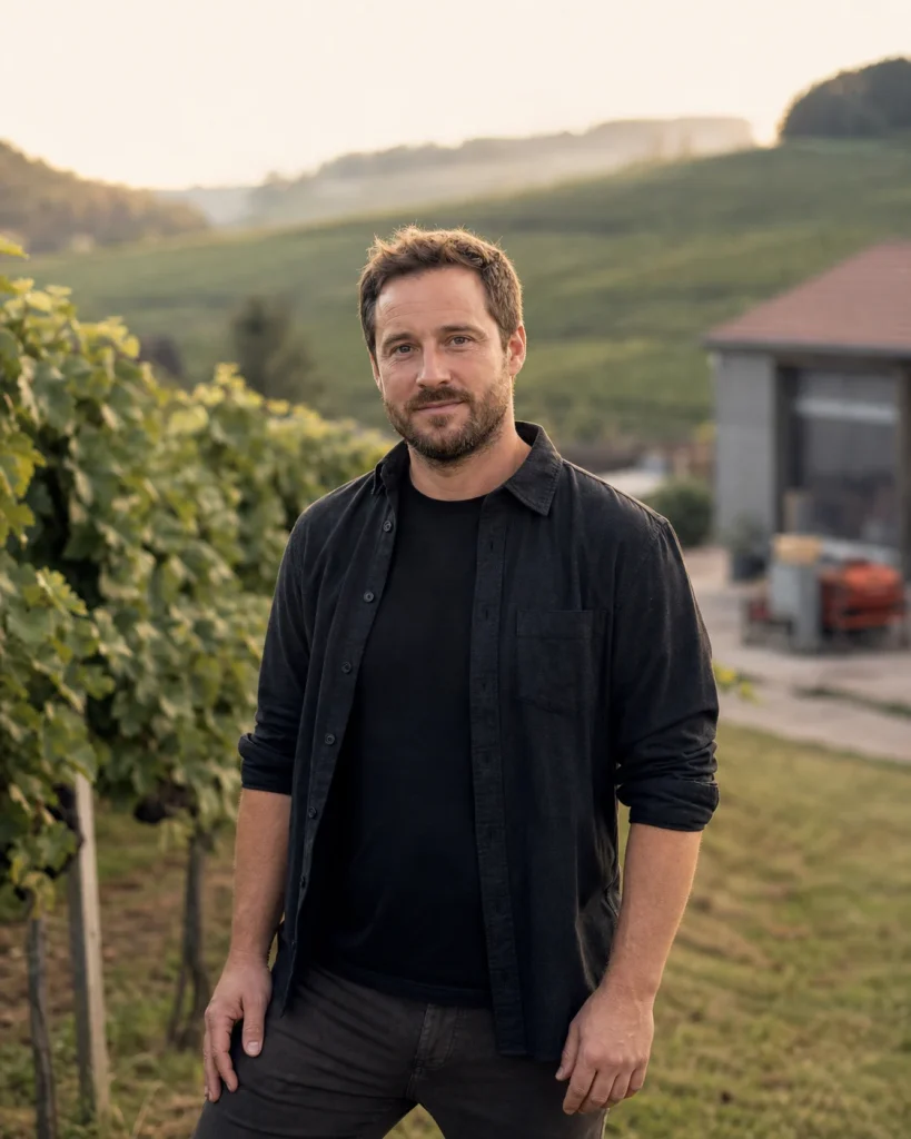 Winzer steht bei warmem Abendlicht in einem Weinberg der Region.